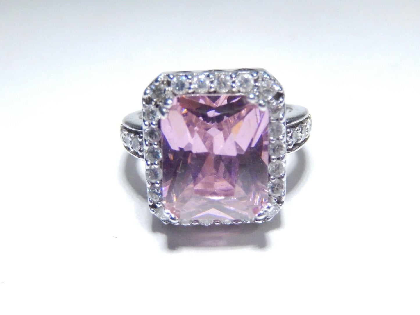 *VINTAGE* Sterling  CZ Pink & White 5.0CT Emerald Cut Cocktail Ring Sz 7