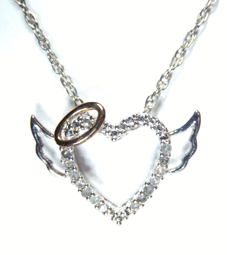 *NWT* Sterling Silver 14 Round Diamond Angel Heart Wing Pendant w/18" Chain