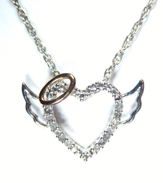 *NWT* Sterling Silver 14 Round Diamond Angel Heart Wing Pendant w/18" Chain