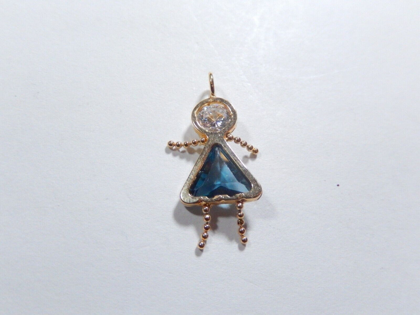 14K Gold Girl Baby Charm Pendant Blue Topaz Birthstone Baby 1" Tall
