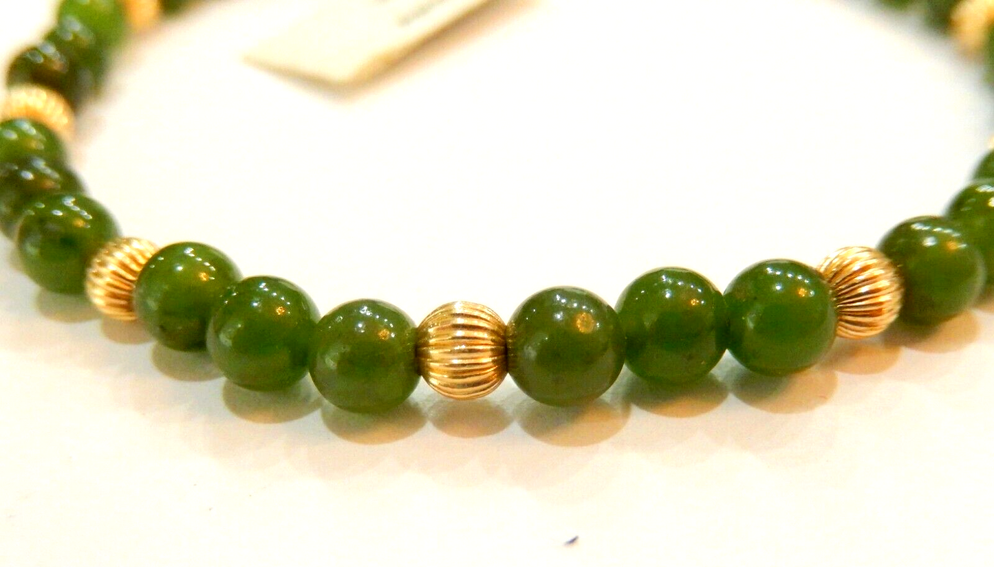 14K 4mm Yellow Gold and  5mm Green Jade Bead Bracelet 7.25"