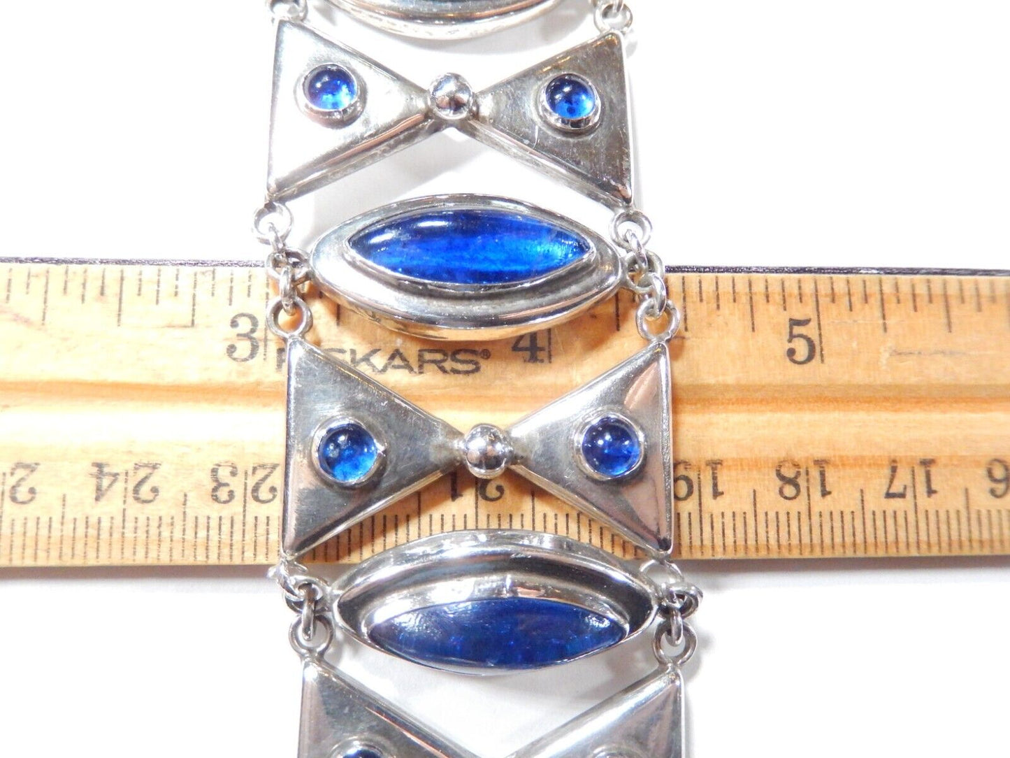 VINTAGE Mexico Sterling Silver Rare Blue Cabochon Cut Glass Panel Bracelet 7.25"