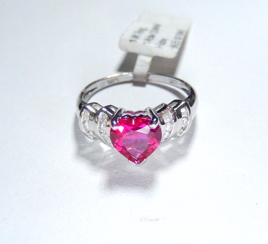 *NWT* 10K White Gold Heart Lab Created Ruby & Natural Diamond Ring Sz 7