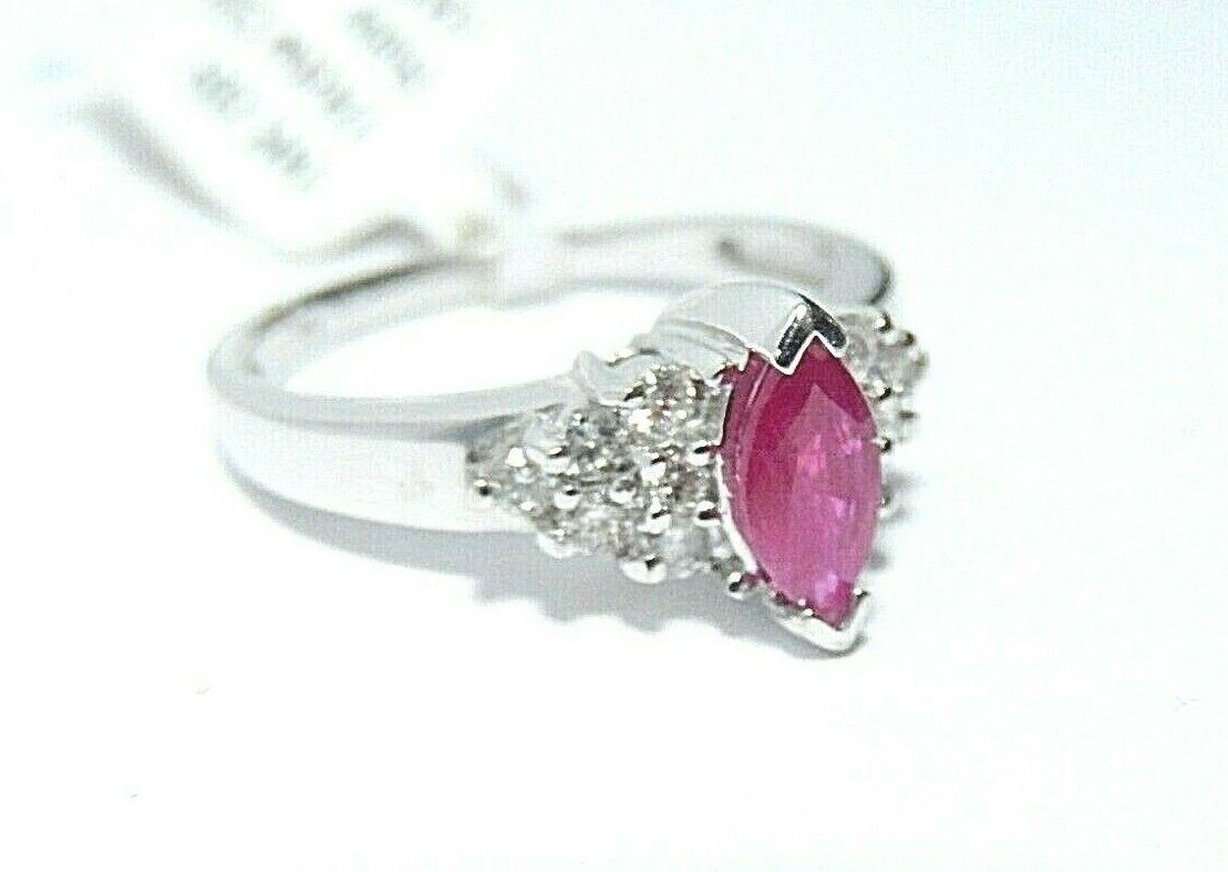 *NWT* 14k White Gold Ring .50CT Natural Marquise Cut Ruby & .25CT Diamonds Sz6.5