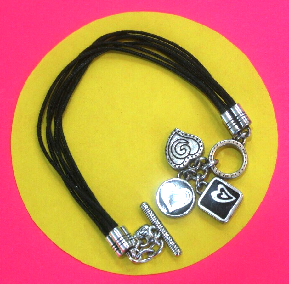 RETIRED Brighton Silver And Black Hearts Bracelet on Six Cords Bracelet Toggle