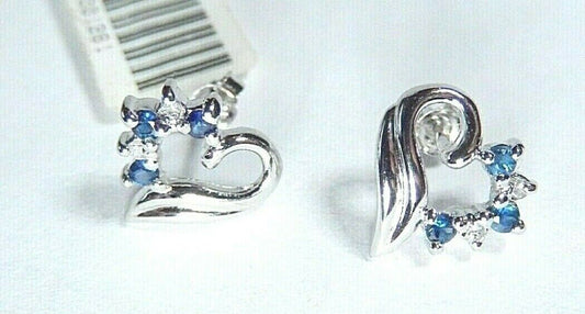 *NWT*  14K White Gold Blue Sapphire & Natural Diamond Heart Earrings