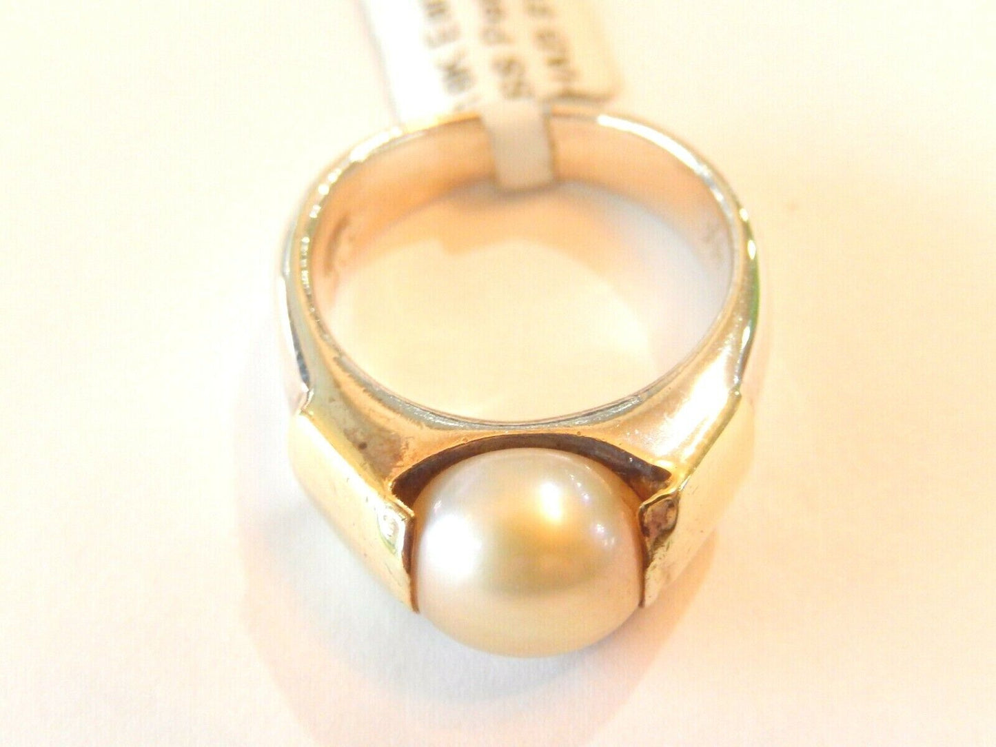 *VINTAGE*  18k Yellow Gold-Sterling Silver 8.5mm Cream Pearl Solitaire Ring 5.5