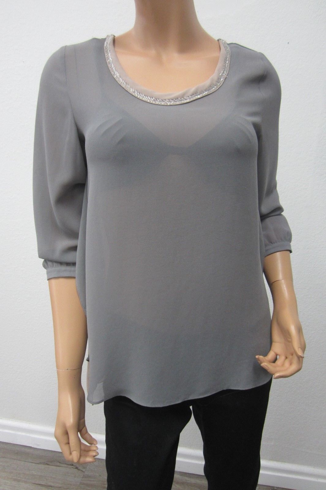 AUDREY ANN SUPER CUTE Women's Grey Sheer w/ Silver Beaded Collar Blouse Top S