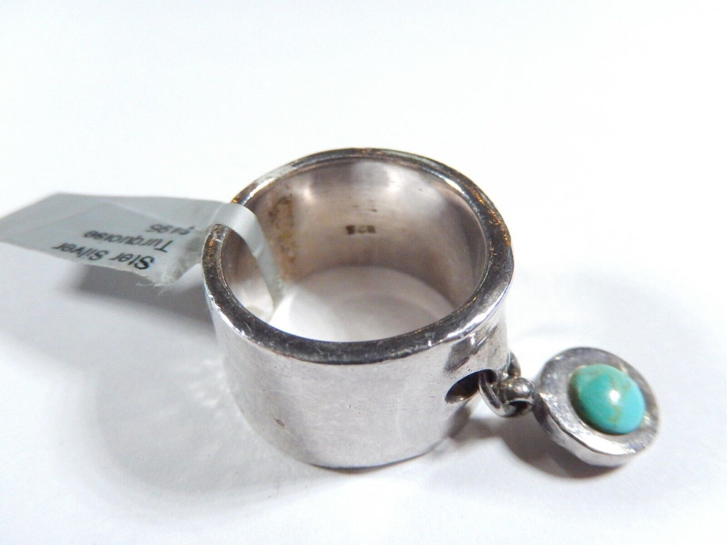 Native American Handmade Sterling Silver Wide Band TURQUOISE Dangle Ring Sz 7.5