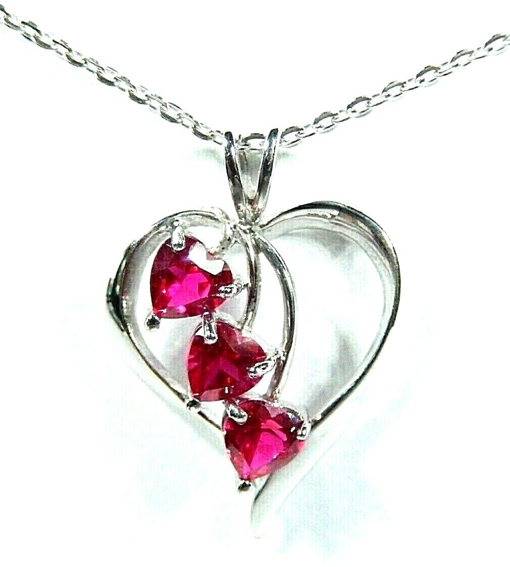 *NWT*  10K White Gold 1.00 CT Three  Ruby Heart Pendant  With 18" Chain