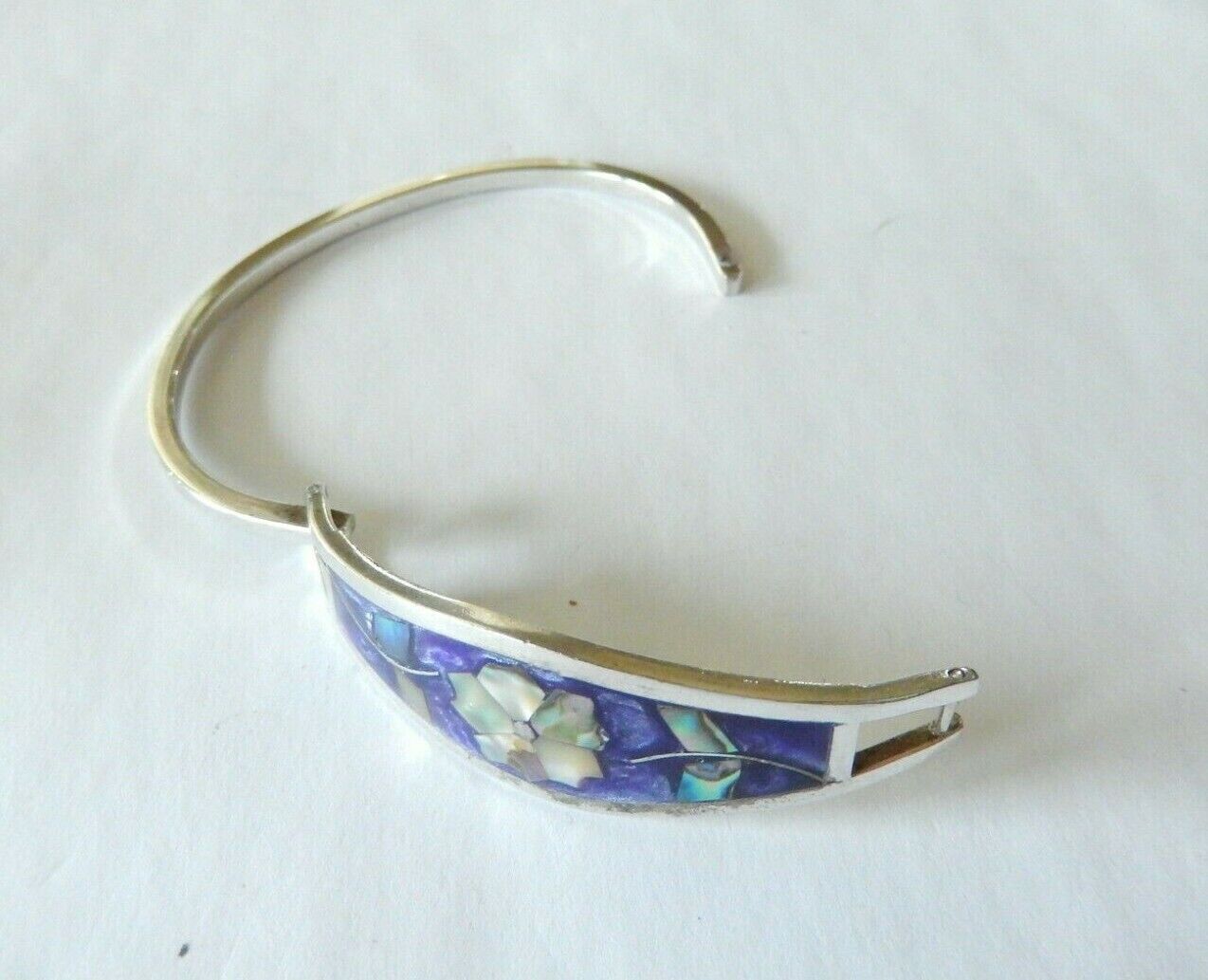 *VINTAGE Taxco Mexico Sterling Silver Mother of Pearl Inlay Hinged Cuff Bracelet