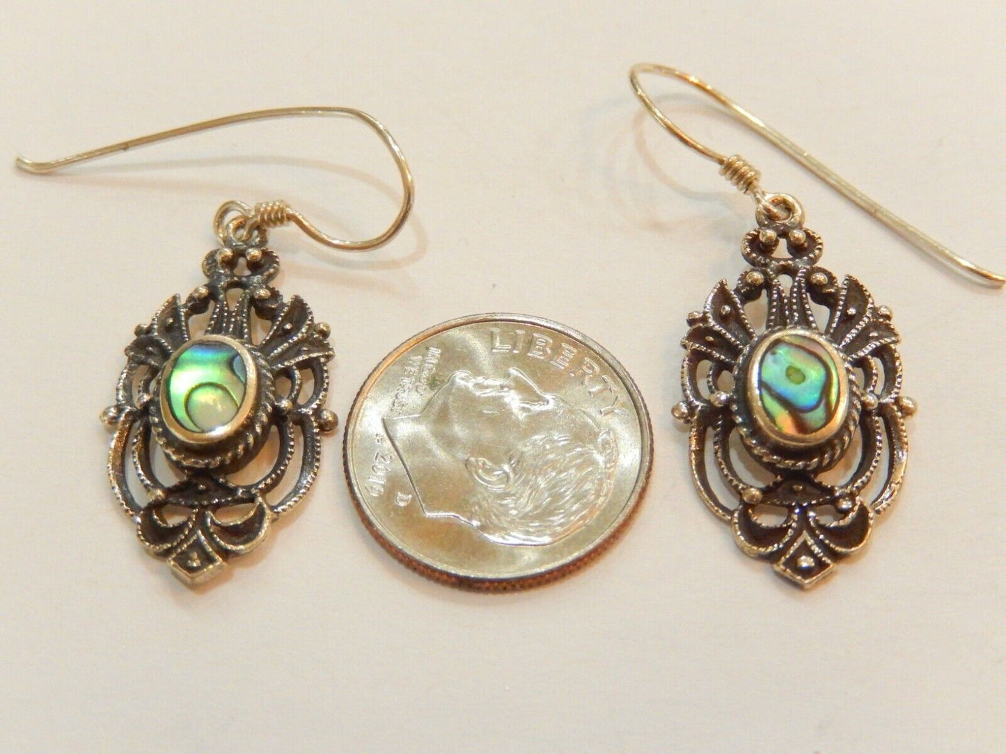 *VINTAGE*   Abalone Earrings Dangle Sterling Silver 925 Ornate
