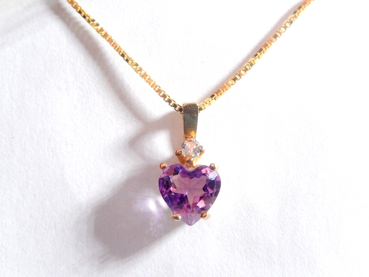 0.75 cts Heart Shape Amethyst & Diamond Pendant in 14K Yellow Gold w/18"chain