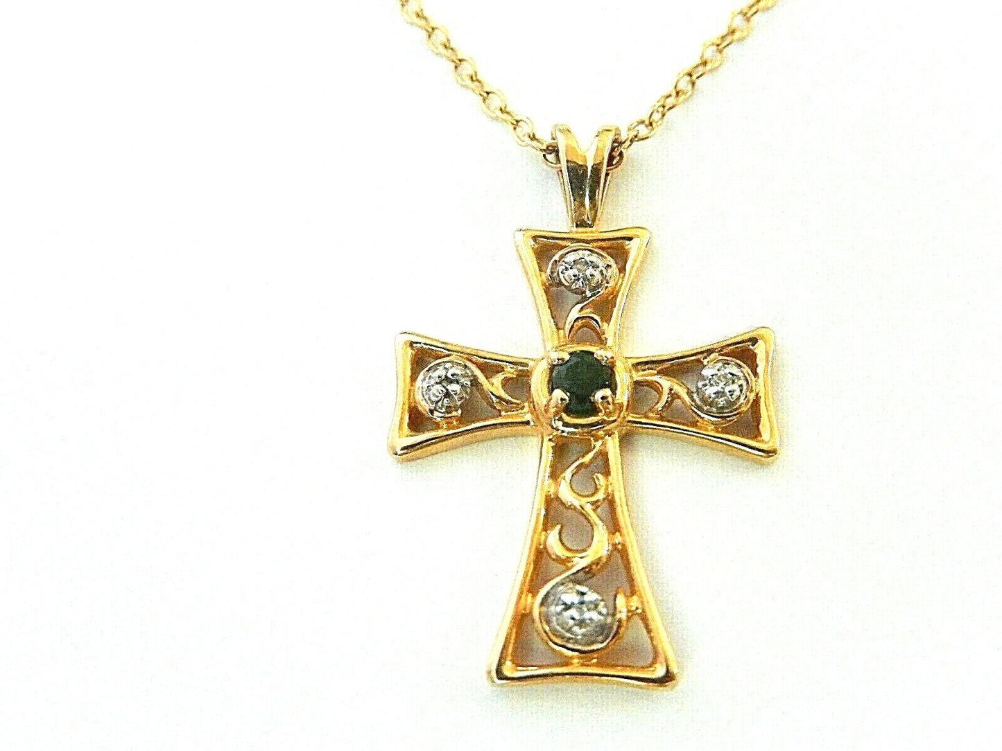 *VINTAGE* 10k Yellow Gold Natural Emerald and Diamond Cross w/ 14K YG 18" Chain
