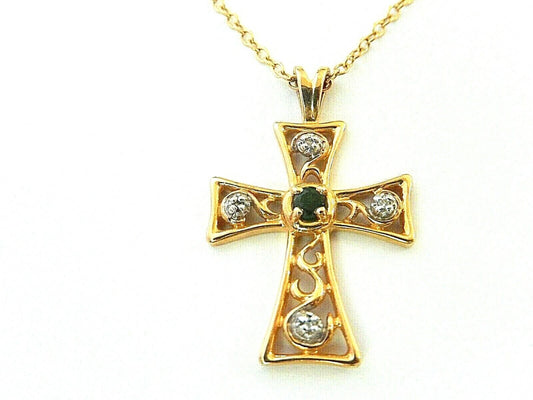 *VINTAGE* 10k Yellow Gold Natural Emerald and Diamond Cross w/ 14K YG 18" Chain