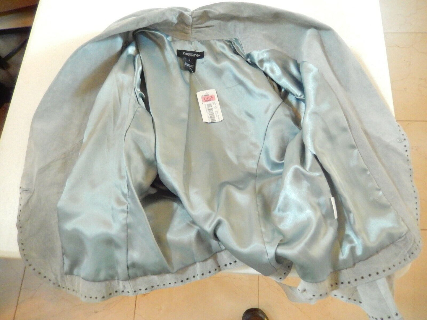 NWT $268 KAREN KANE Lt Blue Suede Serenity Dropped Collar Designer Jacket Sz M