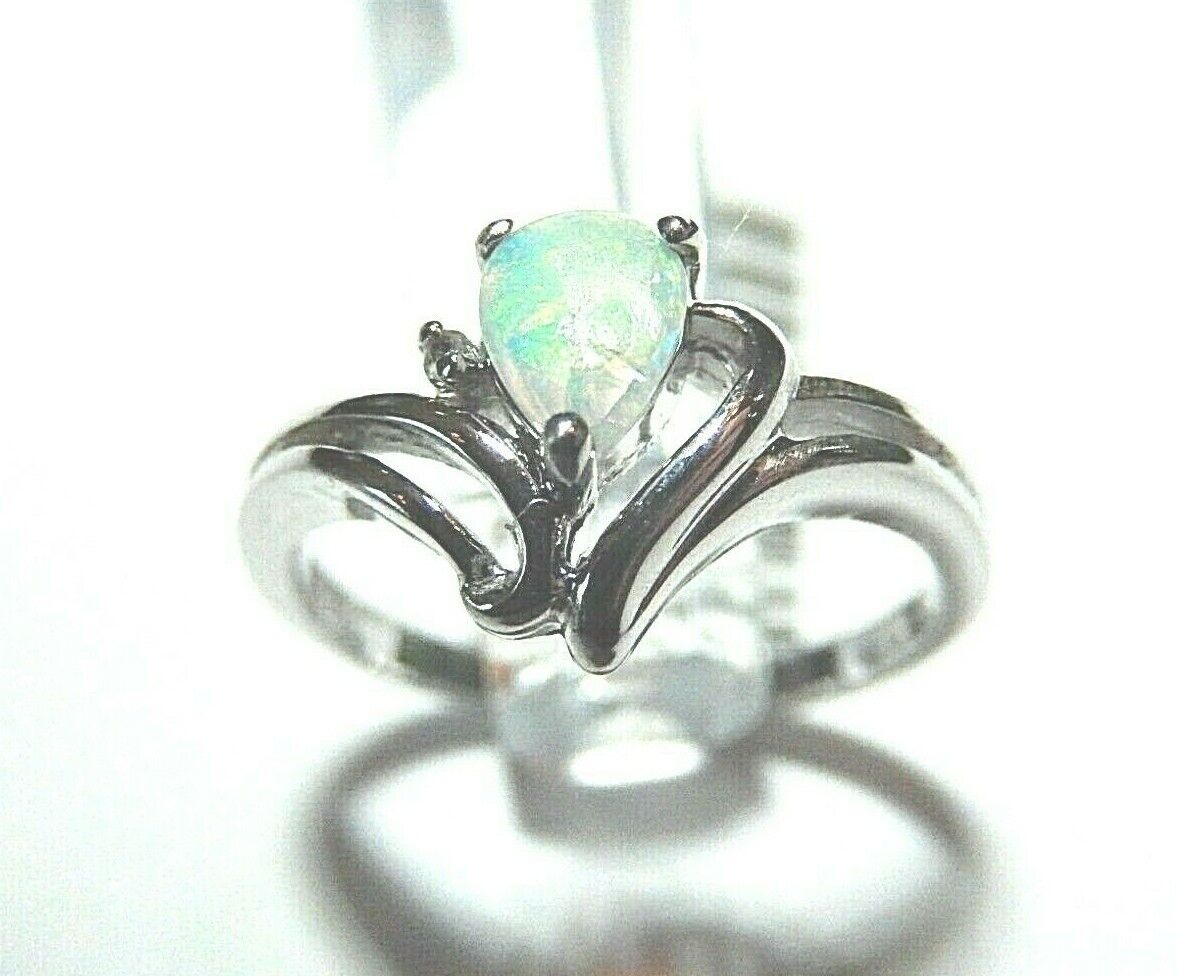 *NWT* 10k White Gold Pear Opal And Diamond Ring Size 5.25