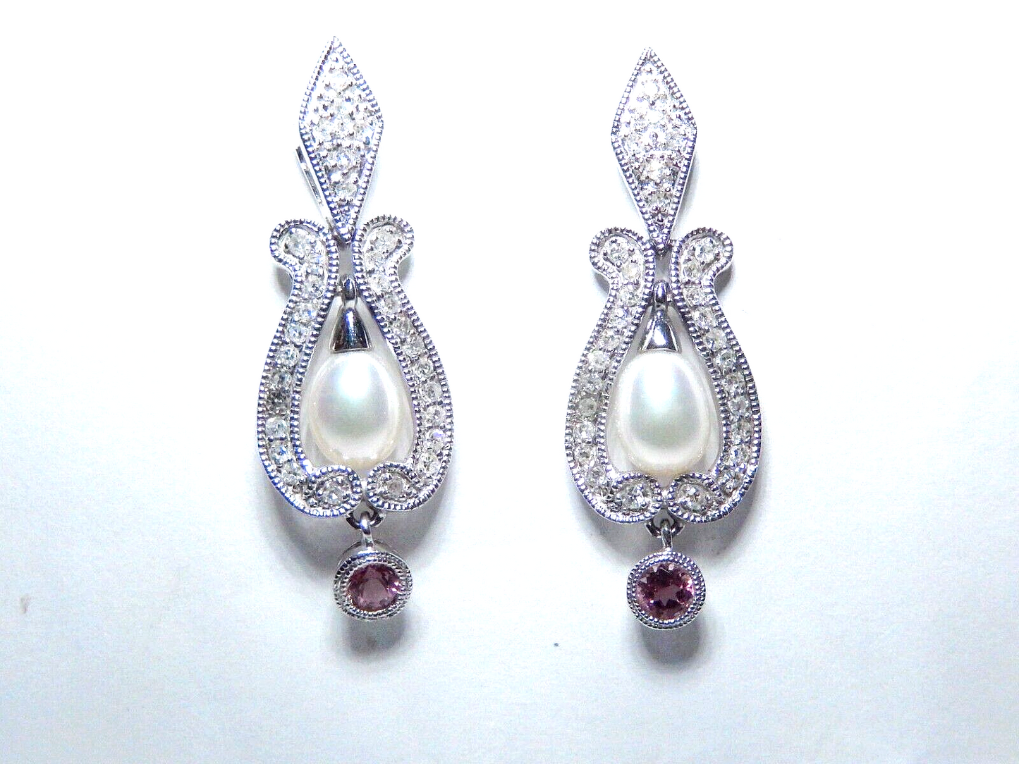 Beautiful 14K White Gold Pearl & Amethyst & .50 CT  Diamond Drop/Dangle Earrings