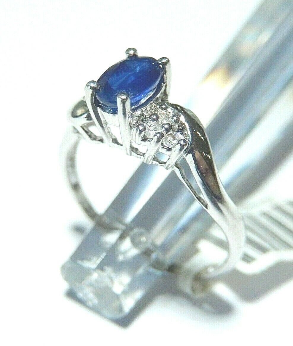 *NWT*  10K White Gold Oval Natural Blue Sapphire & Diamond Ring Size 7.25