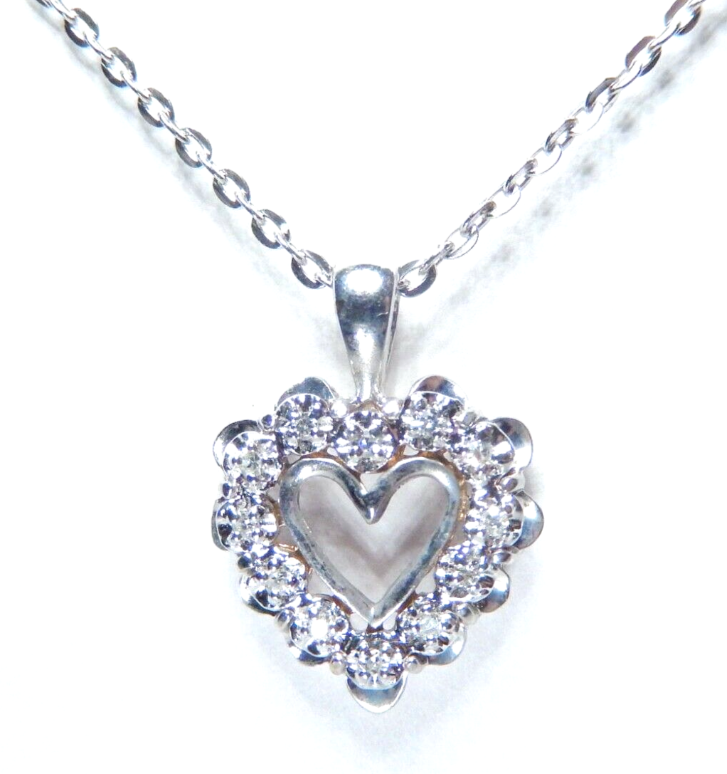 10k White Gold 12 Natural Diamond Heart Pendant Love with 18" Chain