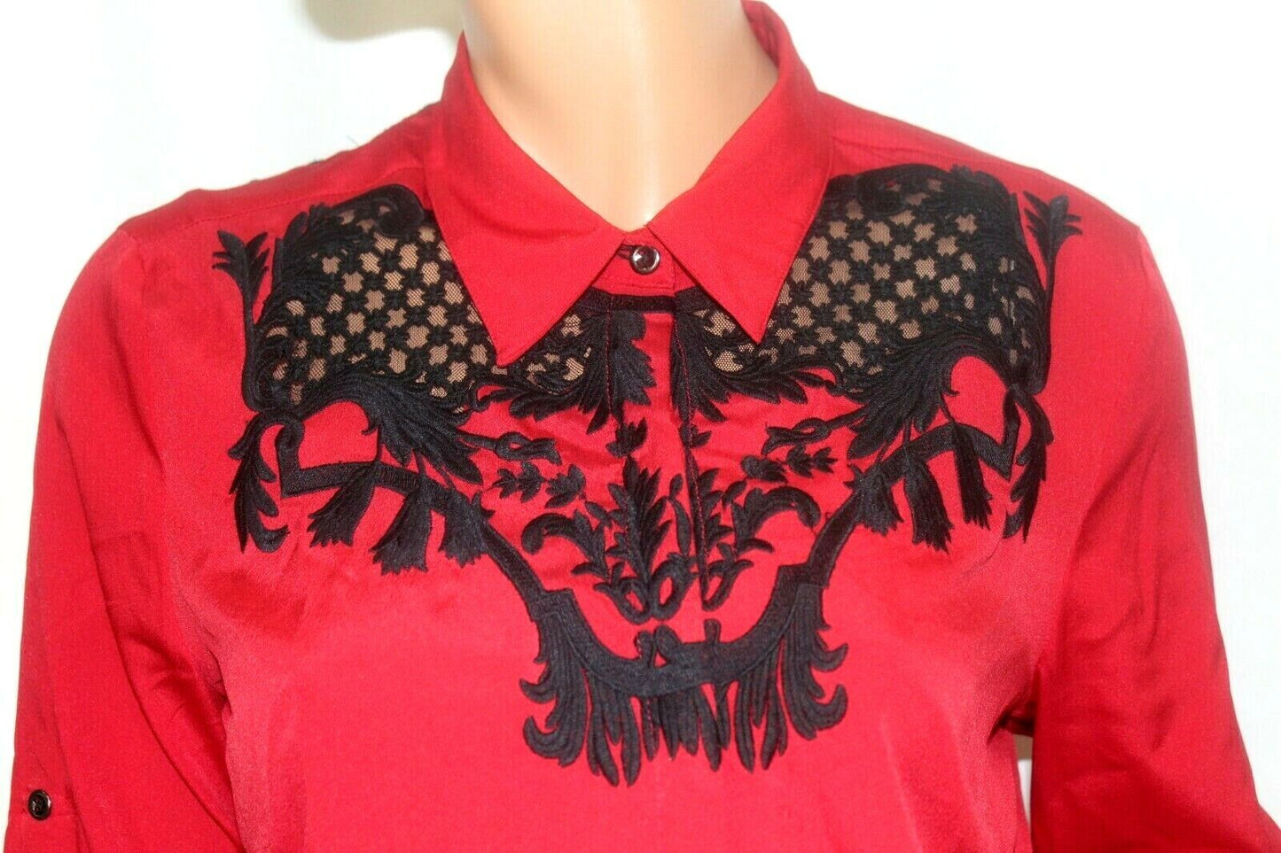 Gianni Bini Womens  Red Top  Black  Lace Embroidered Boho Festival CUTE Sz Med