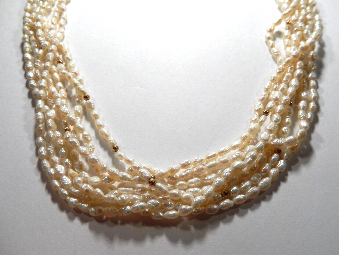 14K Solid Gold Bead Accent 7 Strand Freshwater Rice Pearl Necklace 18"”