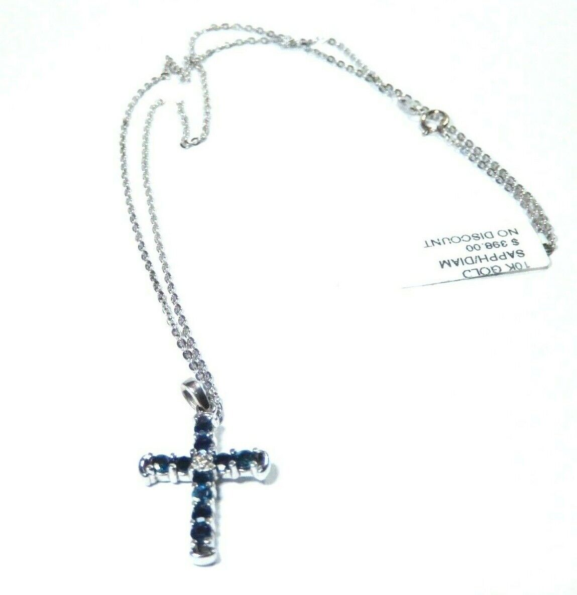 *NWT* 10K White Gold September Birthstone Sapphire & Diamond Cross 18" Necklace