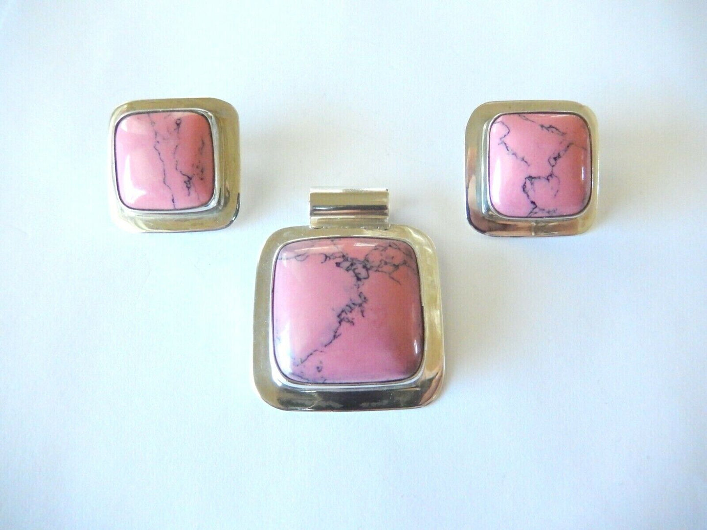 *VINTAGE* Sterling Silver Mexico Pink & Black Rhodolite Pendant & Earring Set