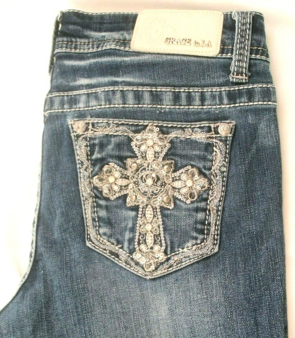 *NWOT* Grace in LA Women Cross Embellished Embroidered Bootcut Stretch Jeans W28