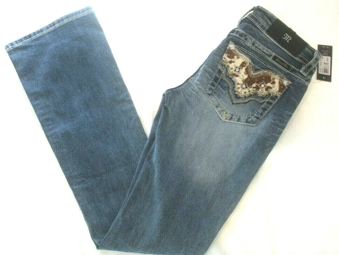 *NWT* Miss Me Women's Mid Rise Chloe Boot Cut Calf Hair Design Jeans 26 x 34