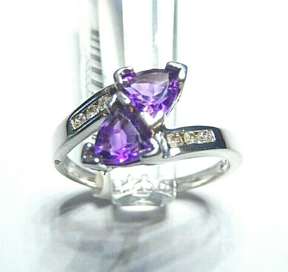 *NWT* 10K White Gold 1 CT Triangle Cut Amethyst & Six Diamond Bypass Ring Sz 7.5