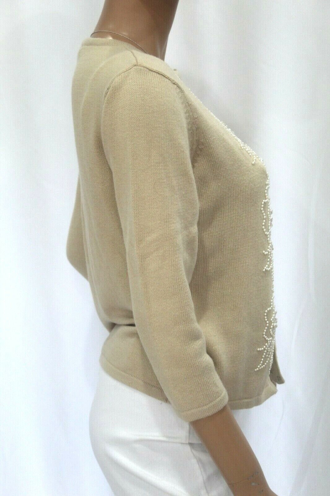 Liz Claiborne Beige Knit  Cardigan Sweater Pearl & Crystal Embellished Sz Med
