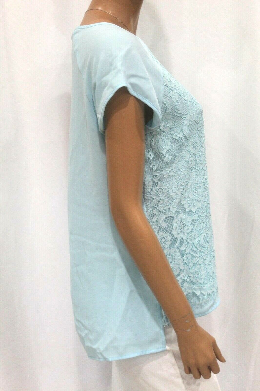 CHICO’S Blue Lace Front Short Sleeve Blouse With Fringe Lace Hem SIZE 1 - CUTE