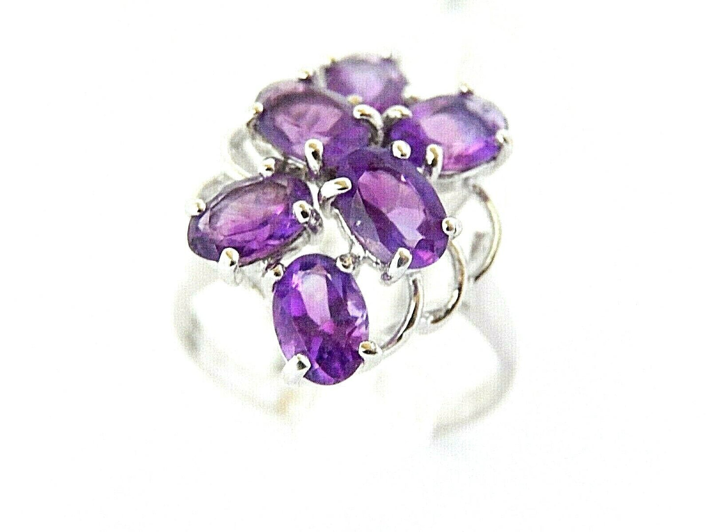14K White Gold Genuine 3.00CT Six Oval Amethyst Cluster  Ring Size 7.5