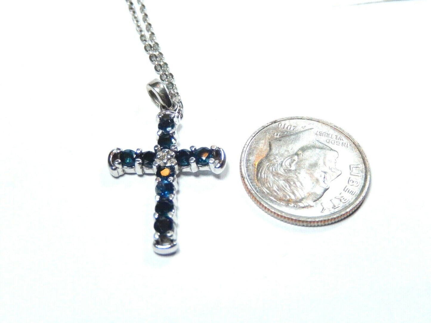 *NWT* 10K White Gold September Birthstone Sapphire & Diamond Cross 18" Necklace