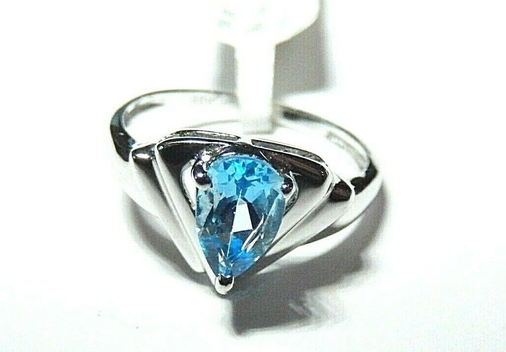 *NWT* 10k White Gold Modern Style Genuine .75CT London Blue Pear Topaz Ring Sz 7