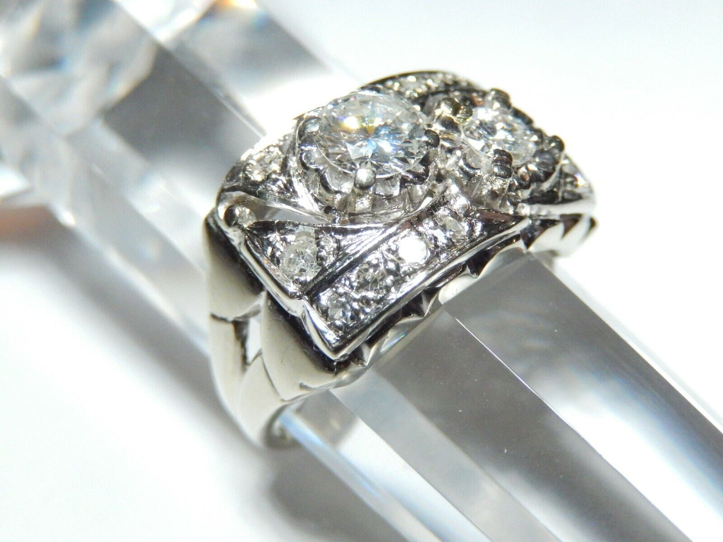 *VINTAGE*  14k White Gold Ladies .905 CT Diamond Cluster 12mm Wide Ring Sz 8.25