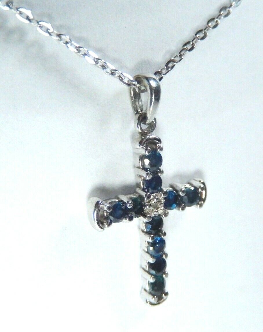 *NWT* 10K White Gold September Birthstone Sapphire & Diamond Cross 18" Necklace