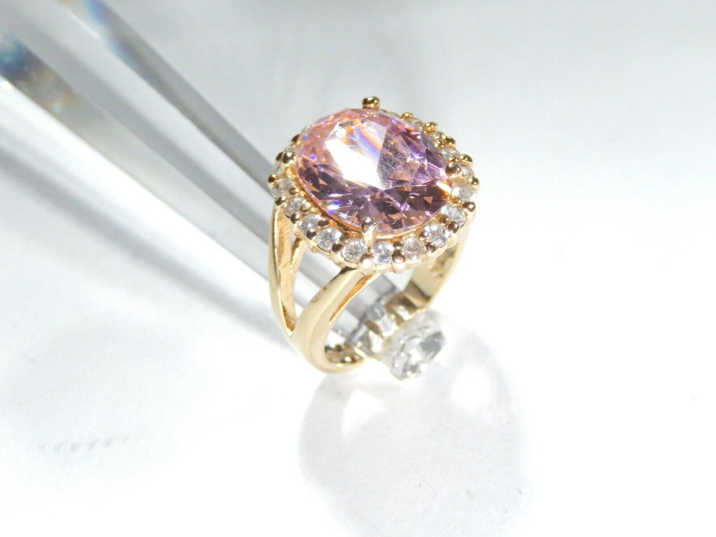 *VINTAGE* Sterling Gold Vermeil CZ Pink & White 13.0CT Oval Cocktail Ring Sz 6.5
