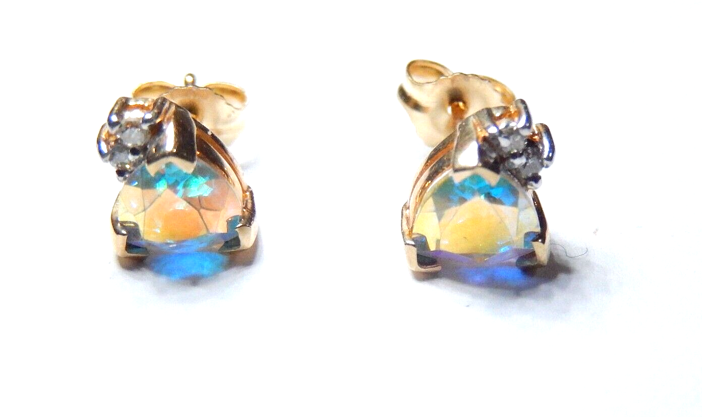 *VINTAGE* -  10k Yellow Gold Trillion  Mystic Topaz and Diamond Stud Earrings