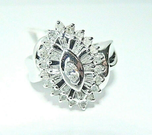 *NWT* 10K White Gold.75 CT Round & Baguette Shape Diamond Marquise Cluster Ring