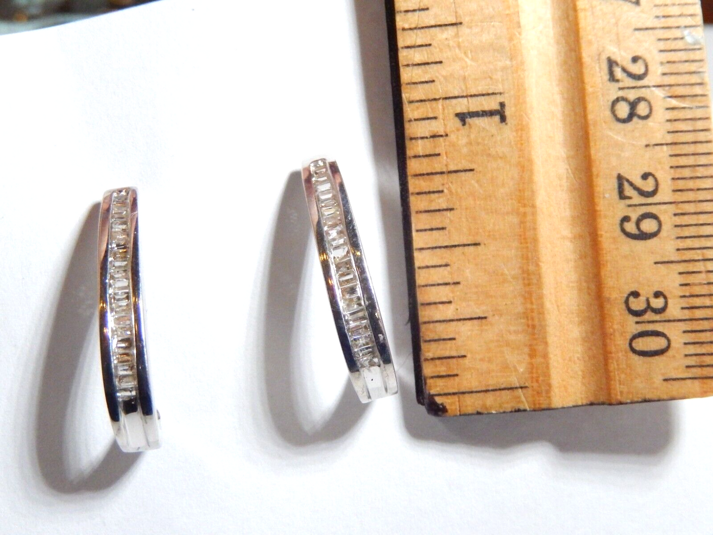 *VINTAGE* 10k White Gold Baguette Natural Diamond Half Hoop Dangle Earrings