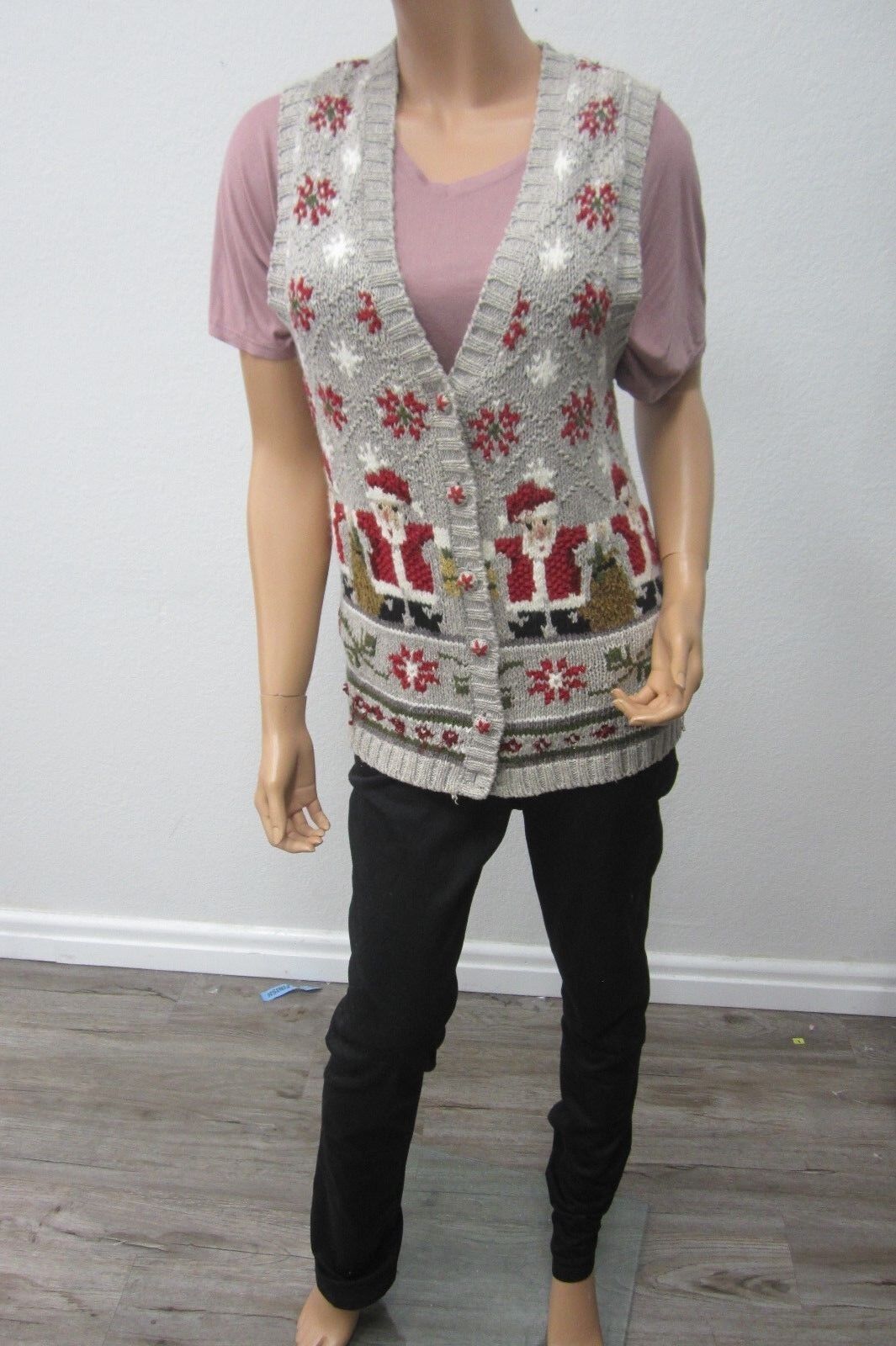 Tiara International Santa Christmas Sweater  Button Front Long Sleeve Size Med