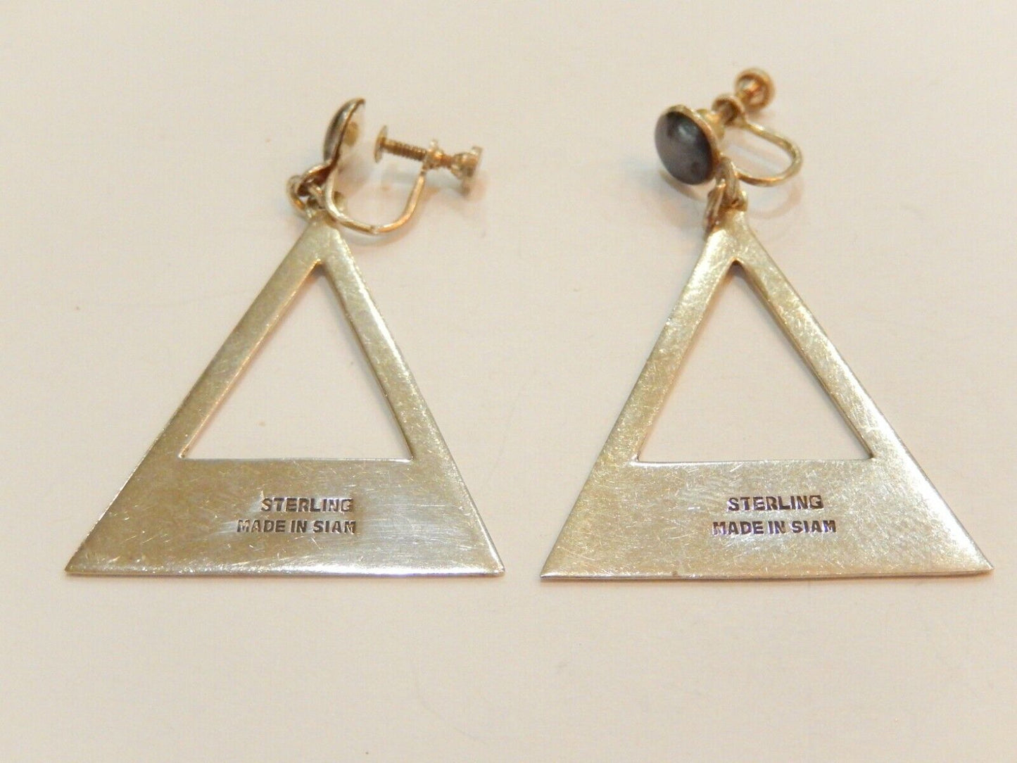 *VINTAGE*  Large SIAM Sterling Silver Earrings 925 Screw Back Black Enamel