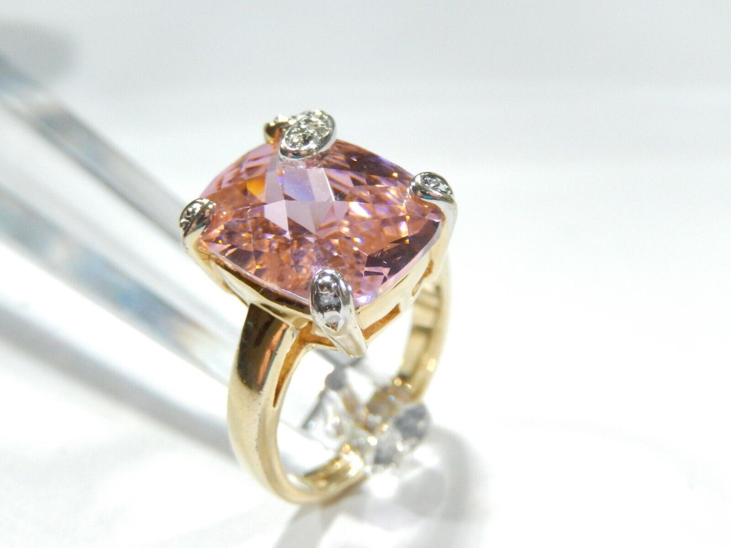 *VINTAGE*  Sterling Gold Vermeil CZ Pink 16.0CT Rectangle Cocktail Ring Size 8