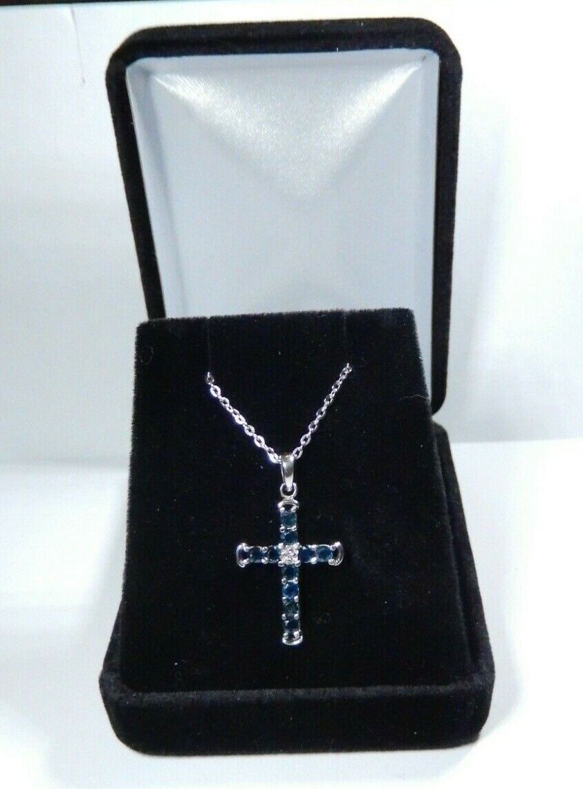 *NWT* 10K White Gold September Birthstone Sapphire & Diamond Cross 18" Necklace