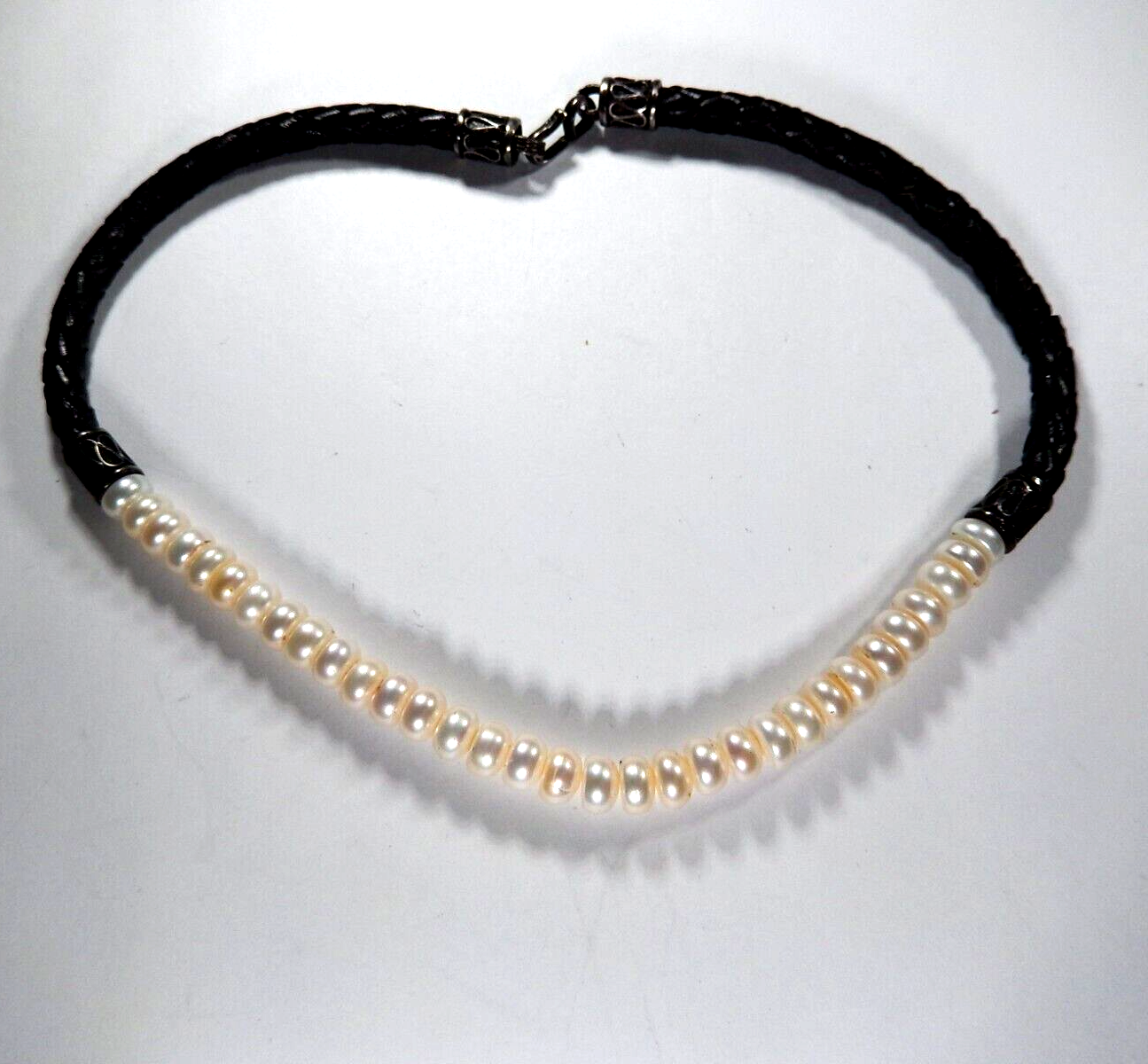 16" Real 7.75mm  Pearls STERLING SILVER BLACK Braided Leather Cord NECKLACE