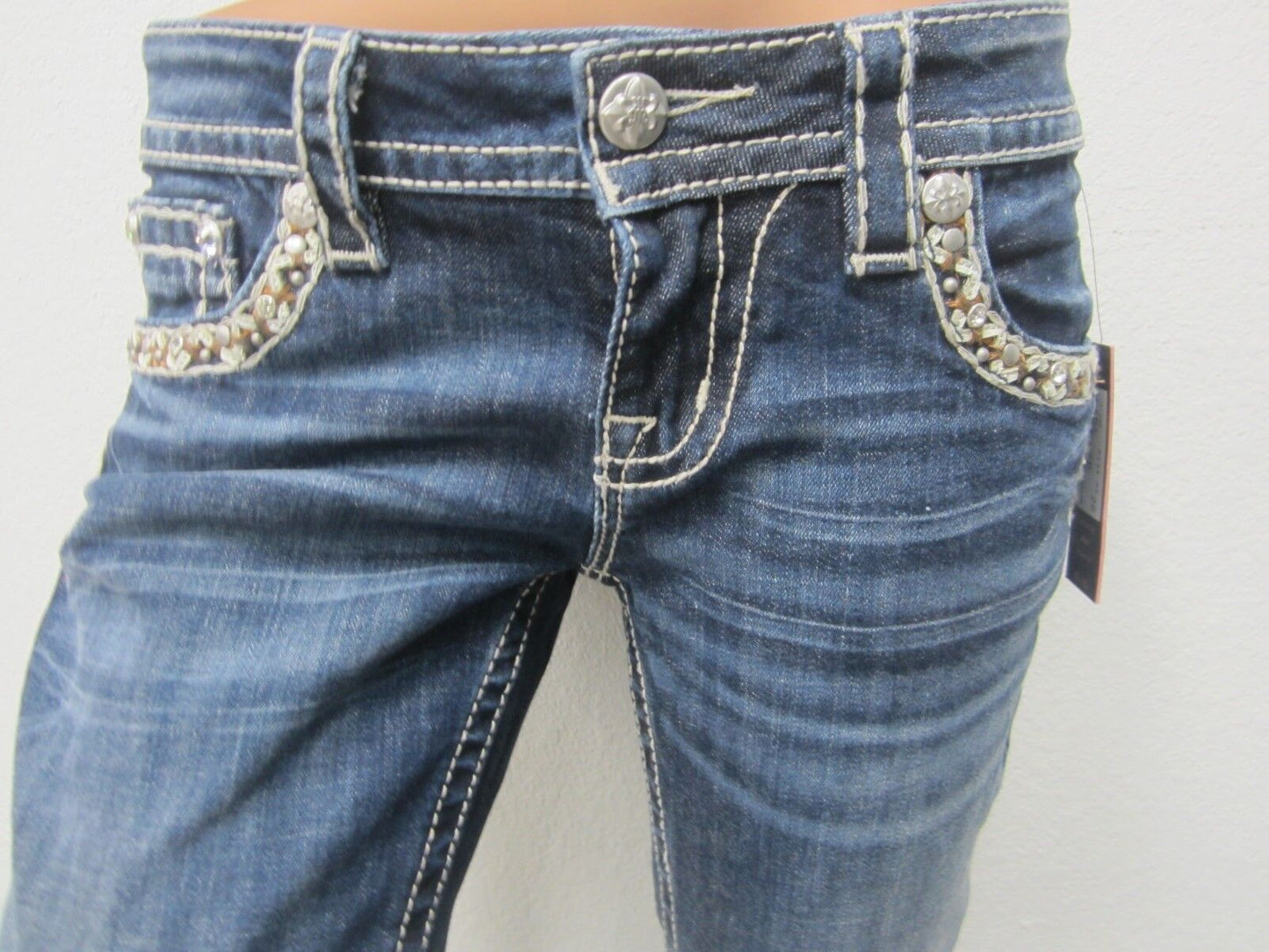 NWTMiss Me Ladies' White & Tan Stitching Bling Medium Wash Bootcut Jeans JP7306B