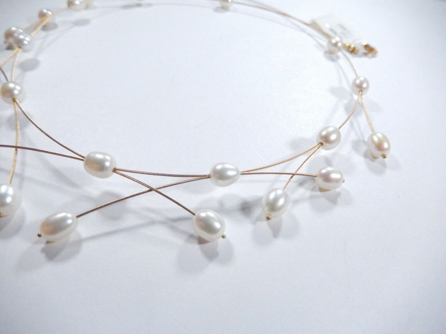 Solid 14k Yellow Gold Wire 7.5mm x 5.5mm 22 White Pearls  17" Necklace 9.8 gms