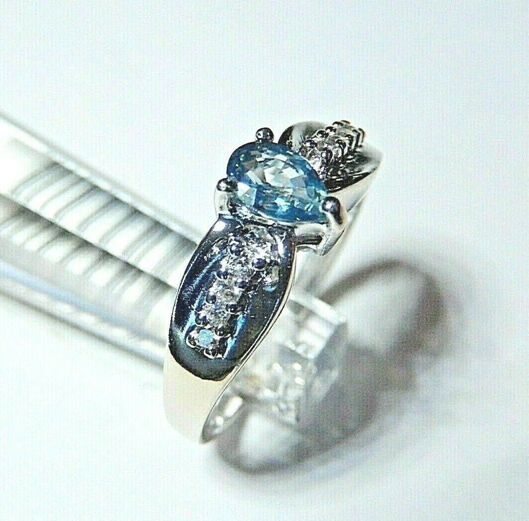 *NWT* 14K White Gold London Blue Topaz & Six Diamond Ring  Size 7.25